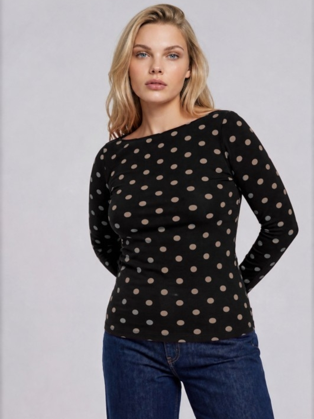 P2-0909 Cotton Polka Dot Long Sleeve Top - Black/Taupe